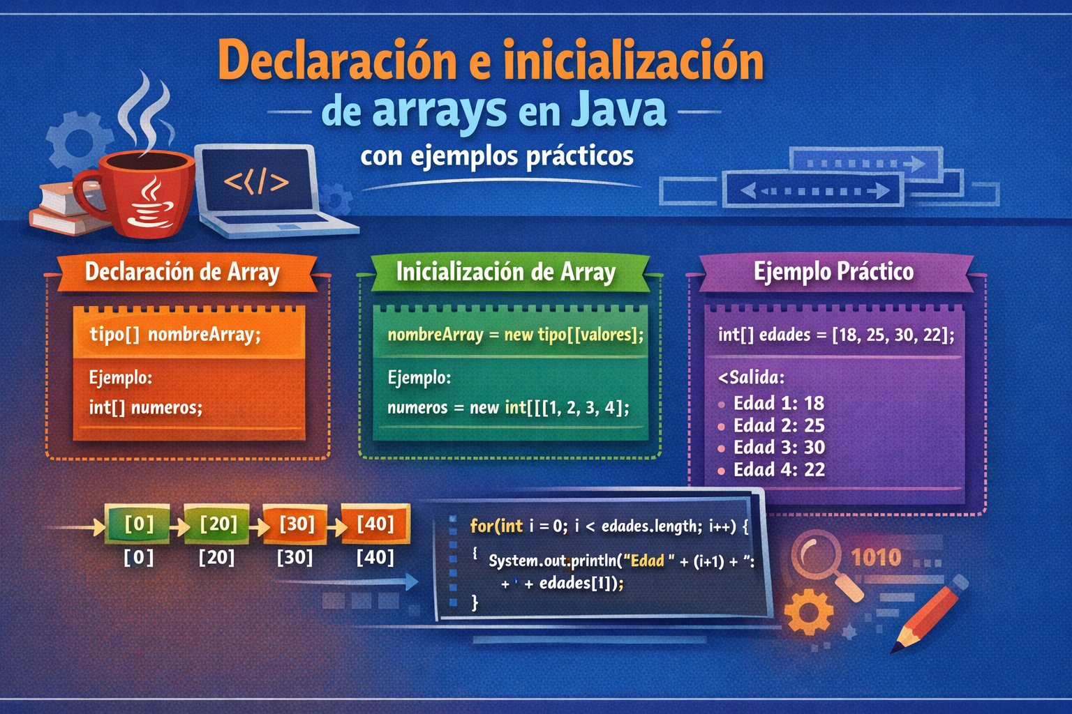 Declaración e inicialización de arrays en Java con ejemplos prácticos